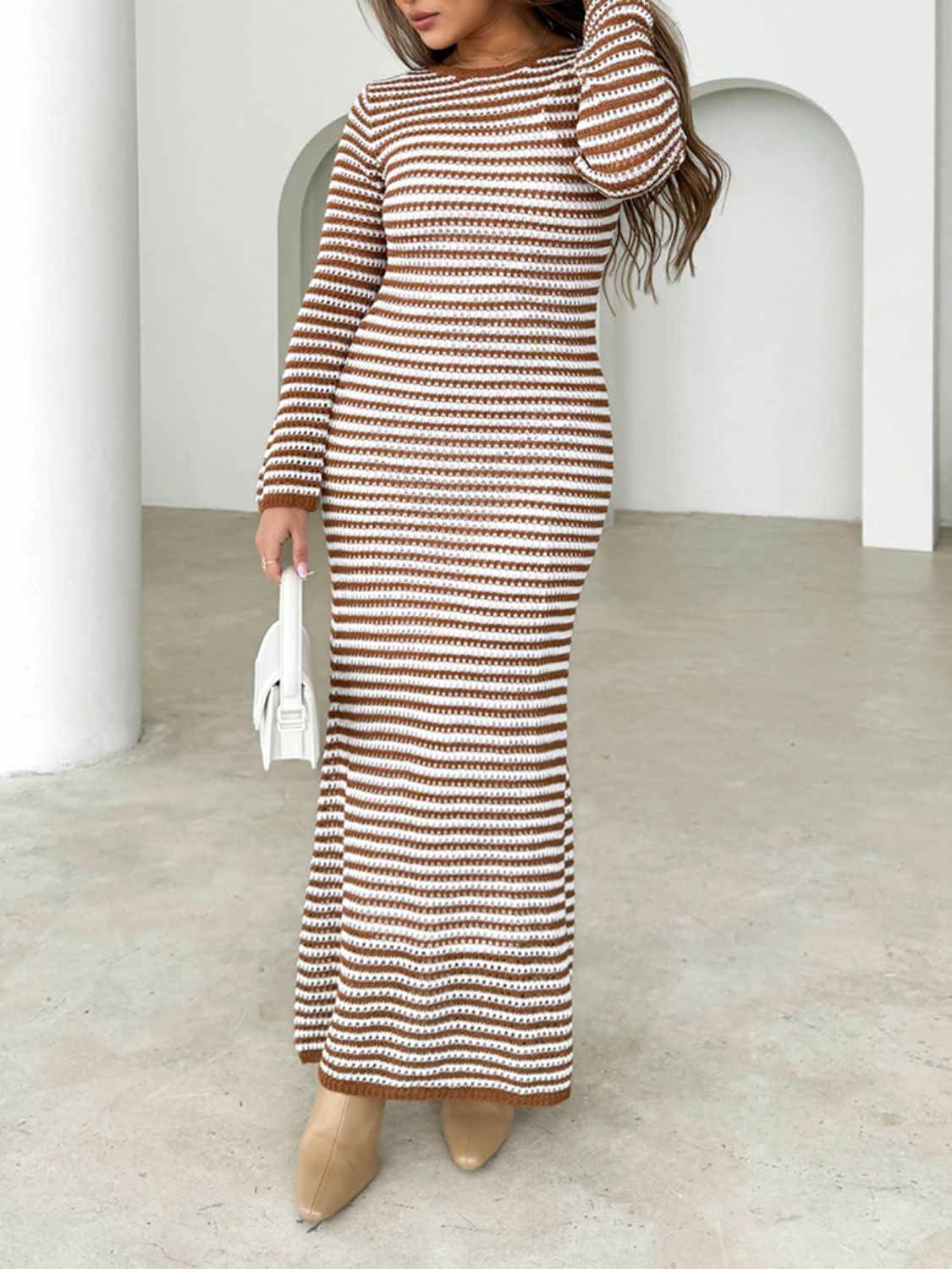 Devine Tied Round Neck Striped Sweater Dress in brown and white with long sleeves.