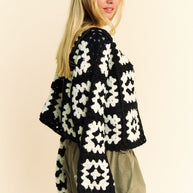 Two-tone flower square crochet open front cardigan with bohemian flair.