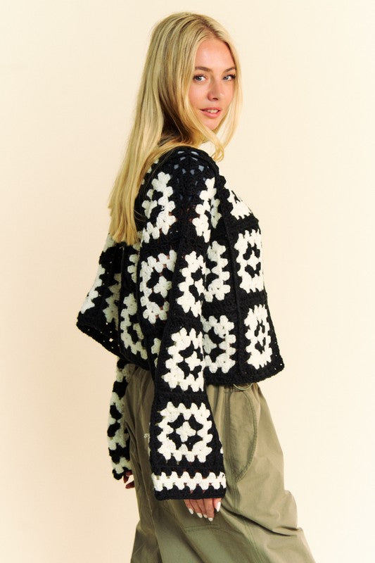 Two-tone flower square crochet open front cardigan with bohemian flair.