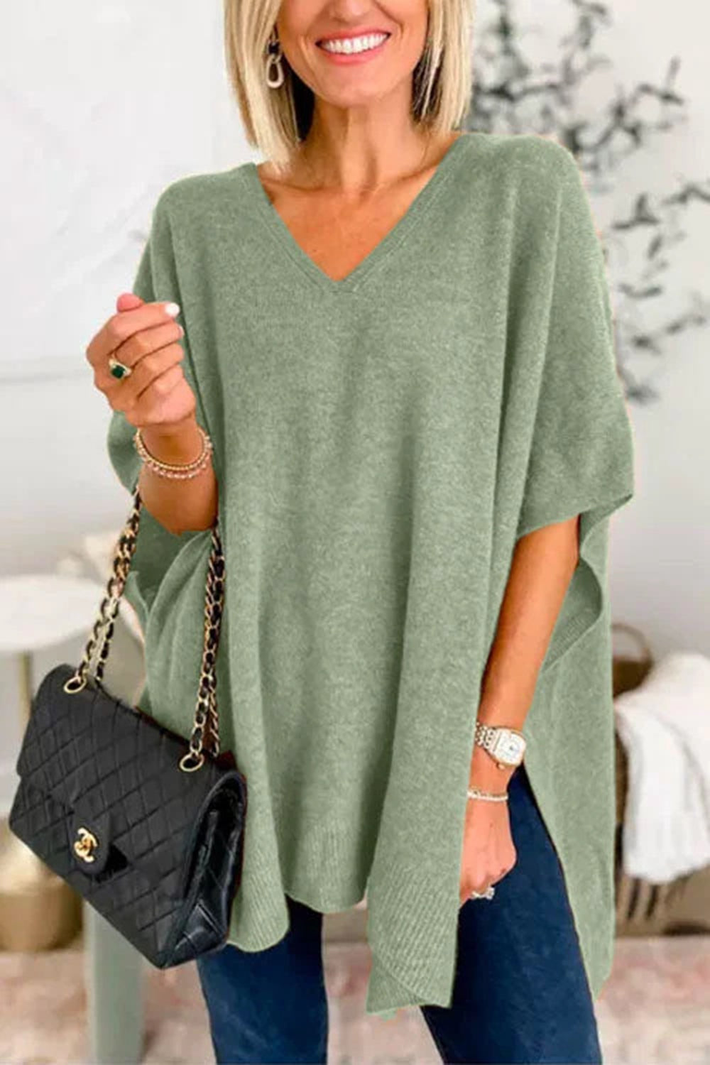 Slit V-Neck Half Sleeve Knit Top in green, slightly stretchy viscose blend.