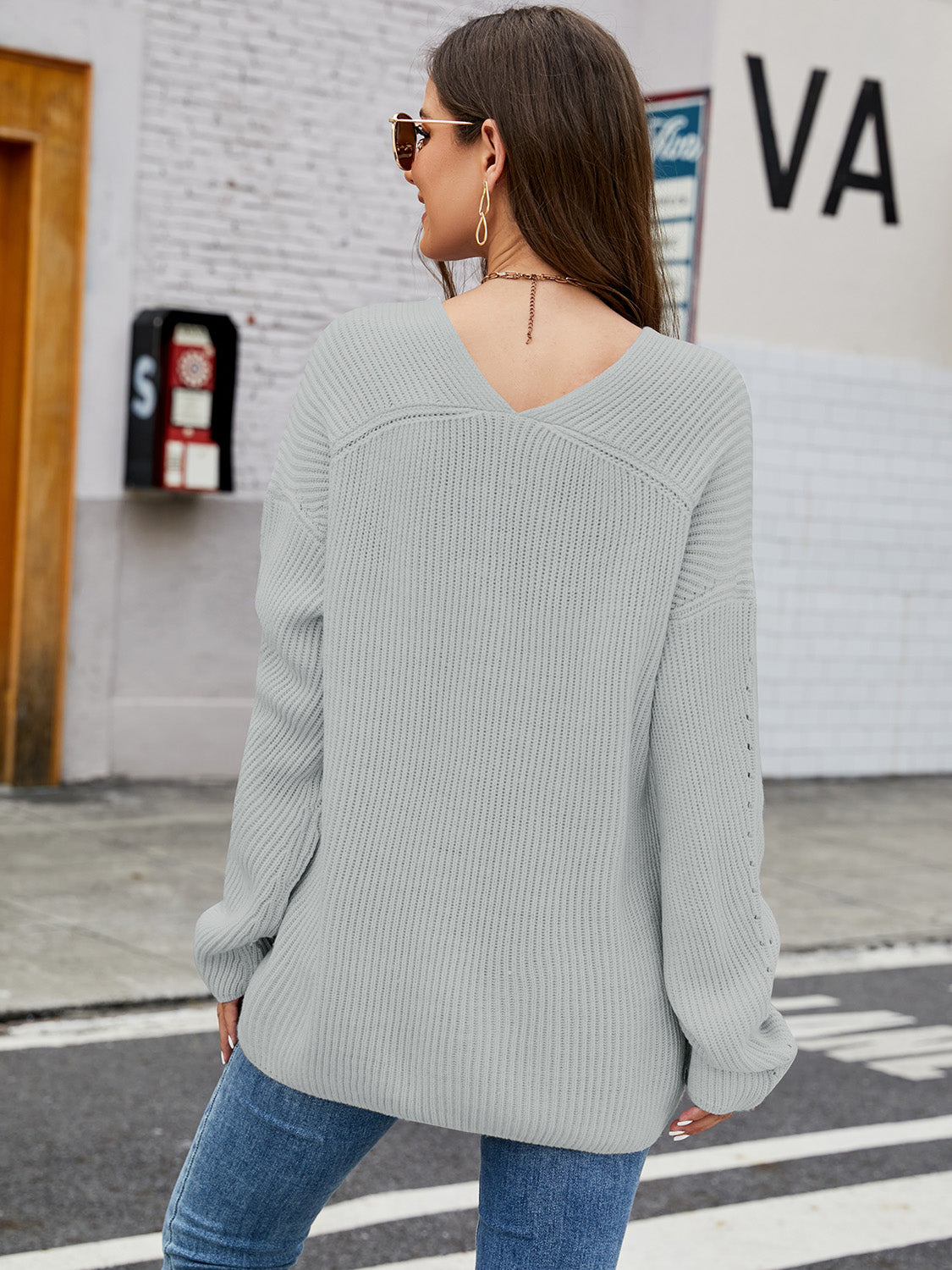 V-Neck Rib-Knit Top in light gray, slightly stretchy acrylic fabric, back view.