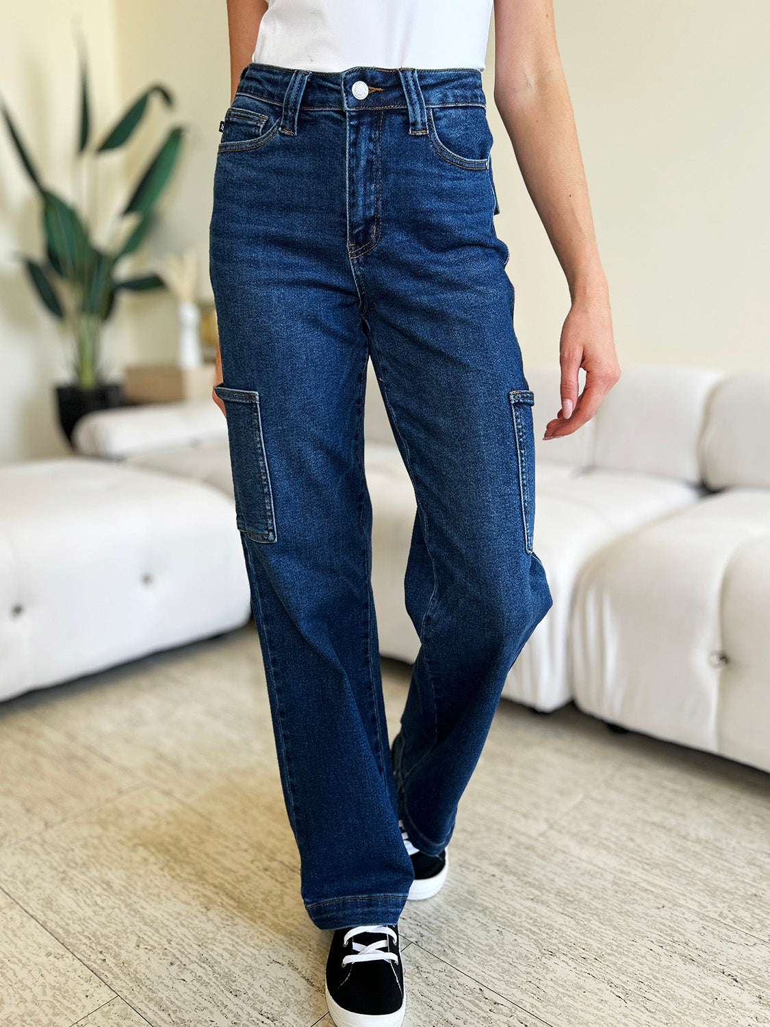 Judy Blue Full Size High Waist Cargo Jeans with side pockets, slightly stretchy fabric, and high-rise fit.