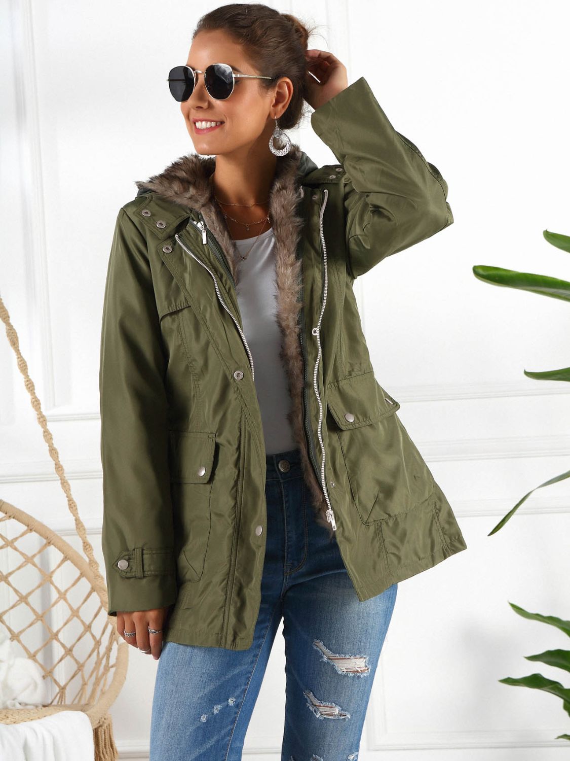 Ivy Lane Full Size Hooded Jacket with Detachable Liner, olive color, pocketed and buttoned design.