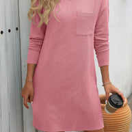 Mandy Striped Round Neck Long Sleeve Mini Dress with pocket, pink color, highly stretchy material.