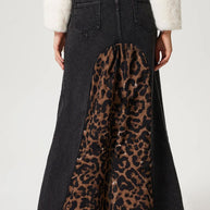 Slit Leopard Midi Denim Skirt