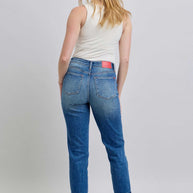 Judy Blue Full Size Plaid Print Cuff Straight Leg Jeans with Pockets, back view showing plaid cuffs and classic fit.