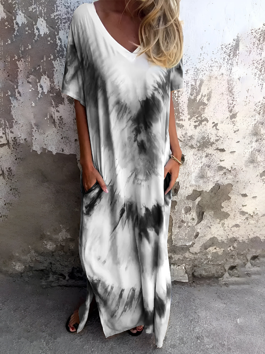 Full Size Pocketed Tie-Dye Short Sleeve Dress with black and white design.