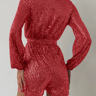 Full Size Sequin Surplice Tie Waist Long Sleeve Romper