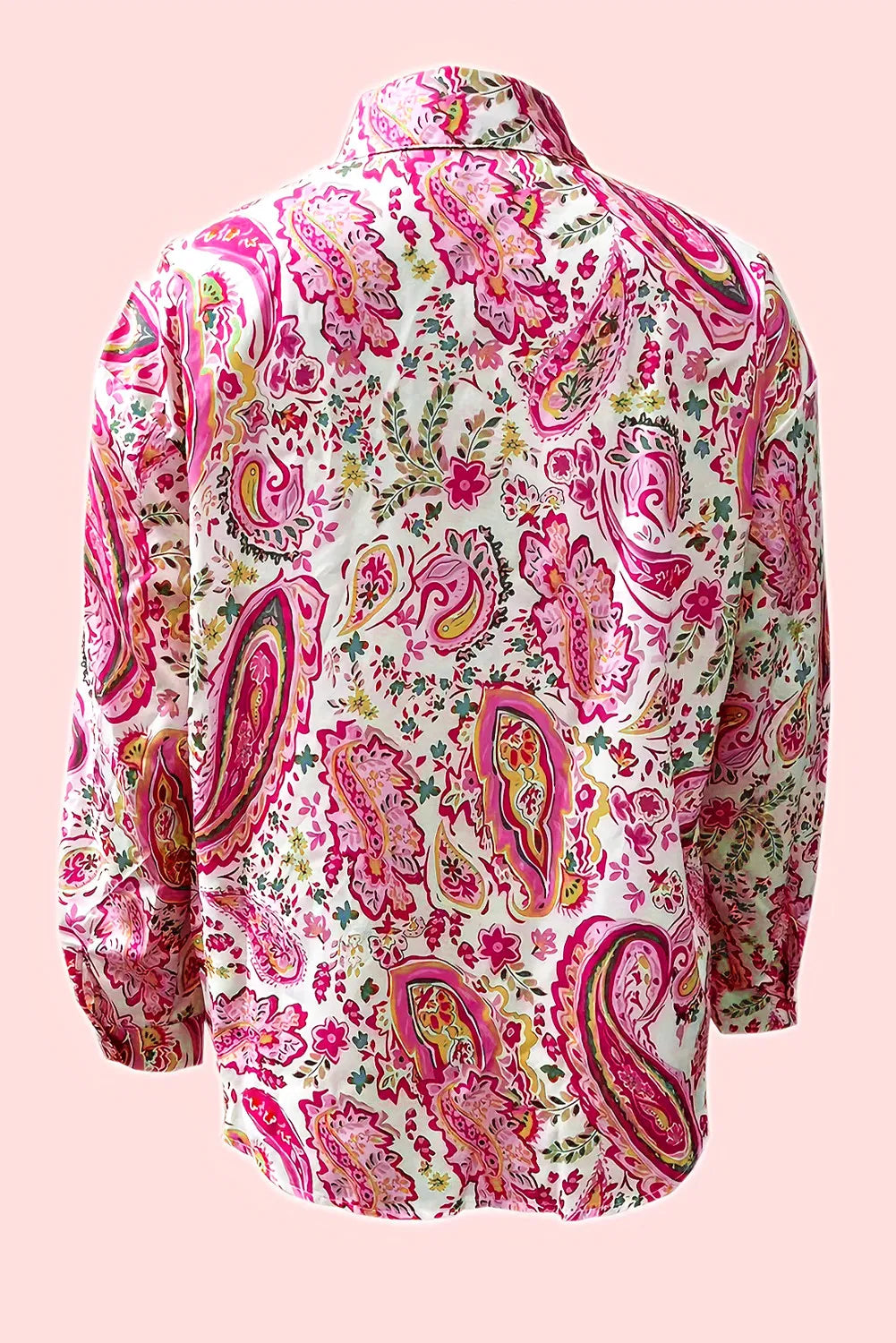 Printed collared neck long sleeve shirt with vibrant pink paisley design.