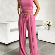 Devine Mock Neck Sleeveless Top and Drawstring Pants Set