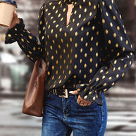 Cutout Printed Mock Neck Flounce Sleeve Blouse