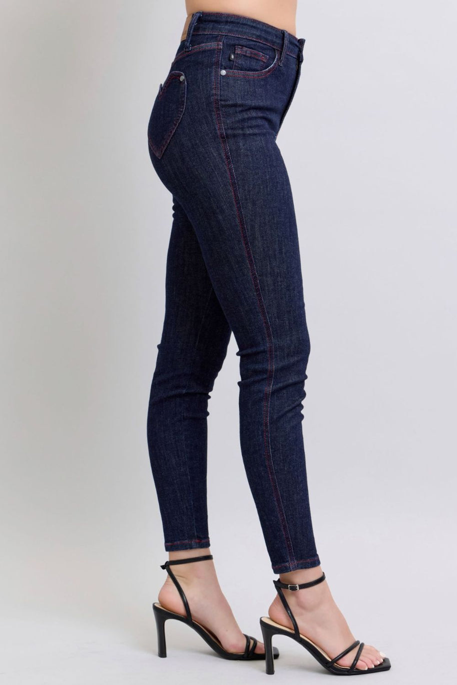 Judy Blue skinny jeans with heart-shaped back pockets and high rise fit.