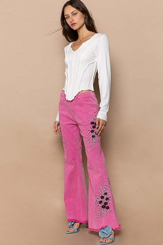 POL Raw Hem Embroidered Flare Pants with floral designs and bohemian style.