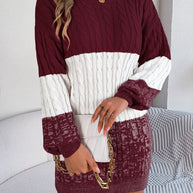 Cable-Knit Round Neck Color Block Sweater Dress