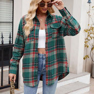 Mandy Plaid Button Up Long Sleeve Shirt in green and red, featuring button closure and pocket, worn by a model with casual attire.