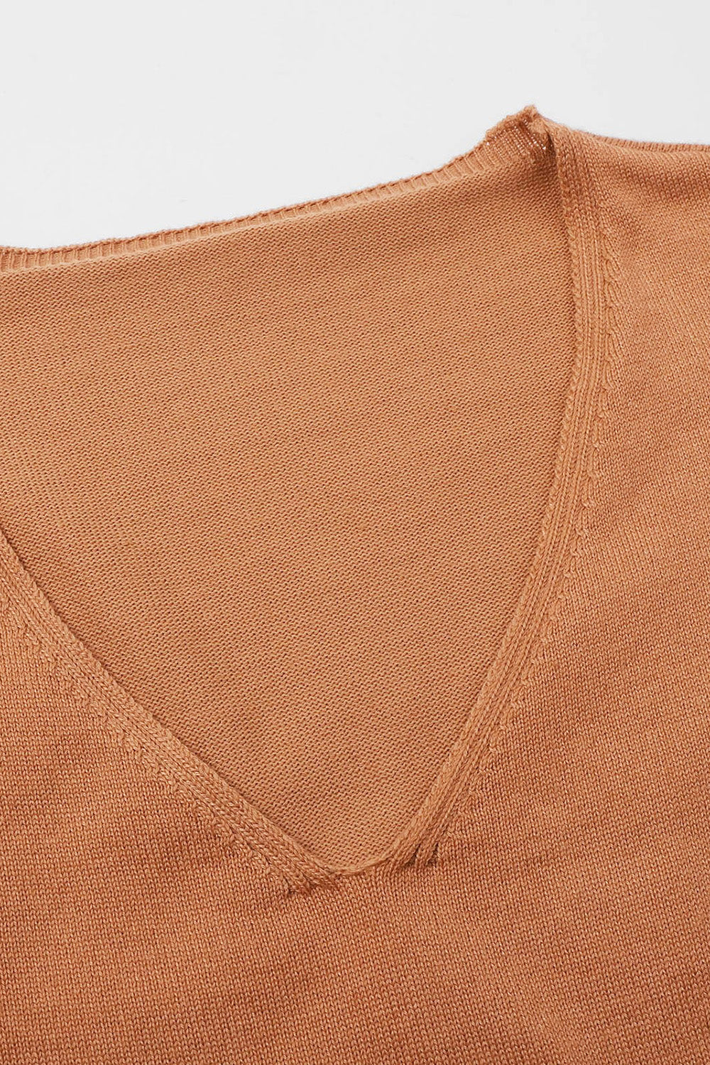 Slit V-Neck Half Sleeve Knit Top in a warm brown color.