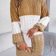 Cable-Knit Round Neck Color Block Sweater Dress