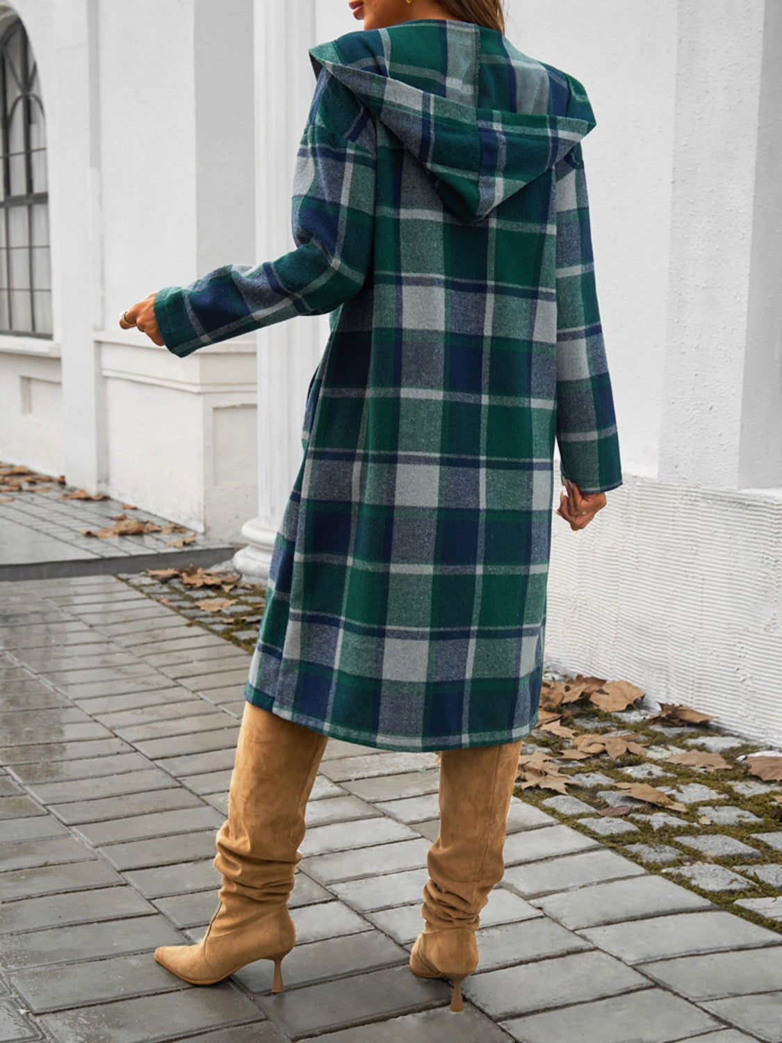 Plaid long sleeve hooded coat with pockets, shown from the back, featuring a green and blue checkered pattern.