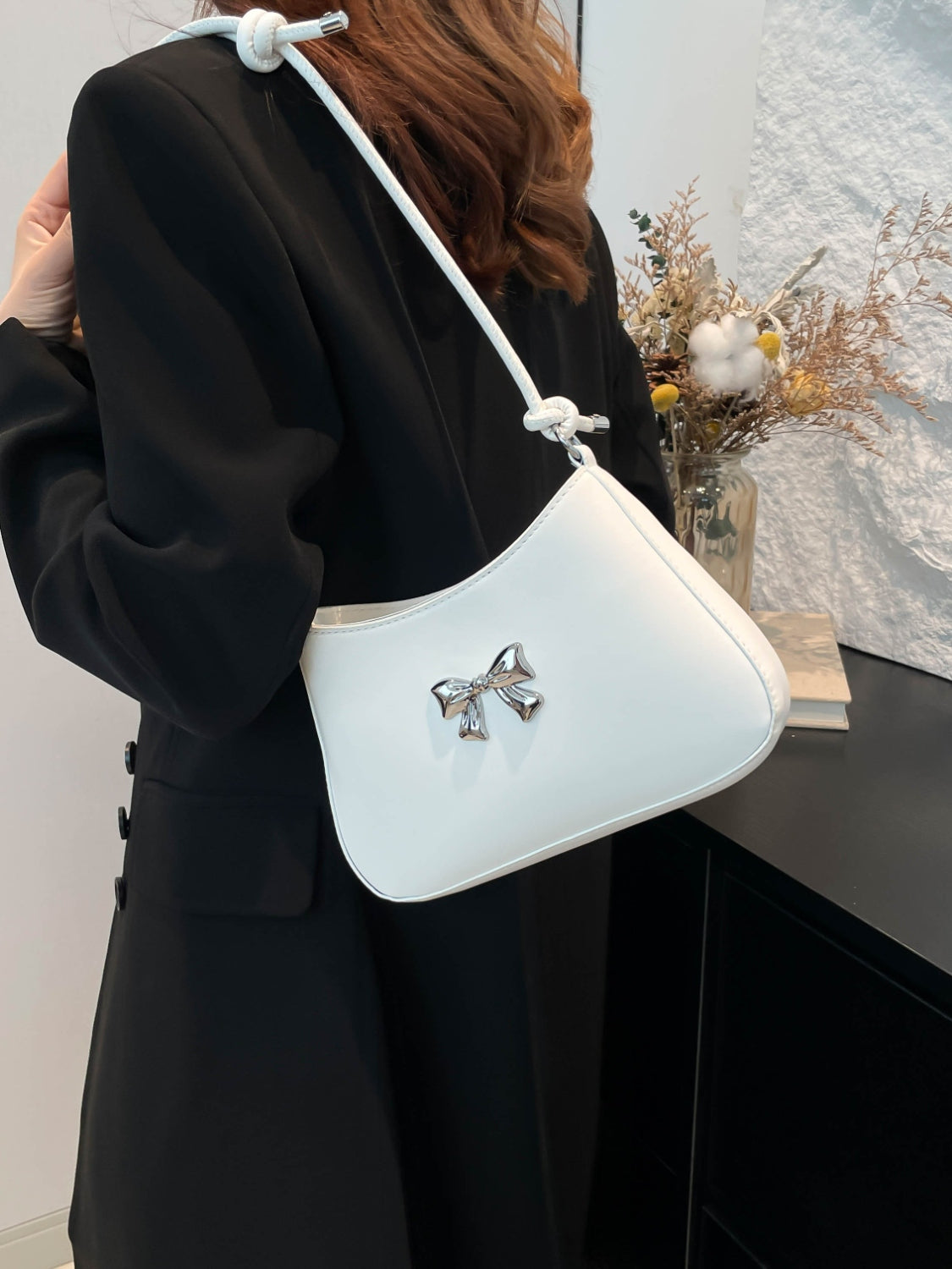 Bow PU leather knotted strap handbag in small size, white design.