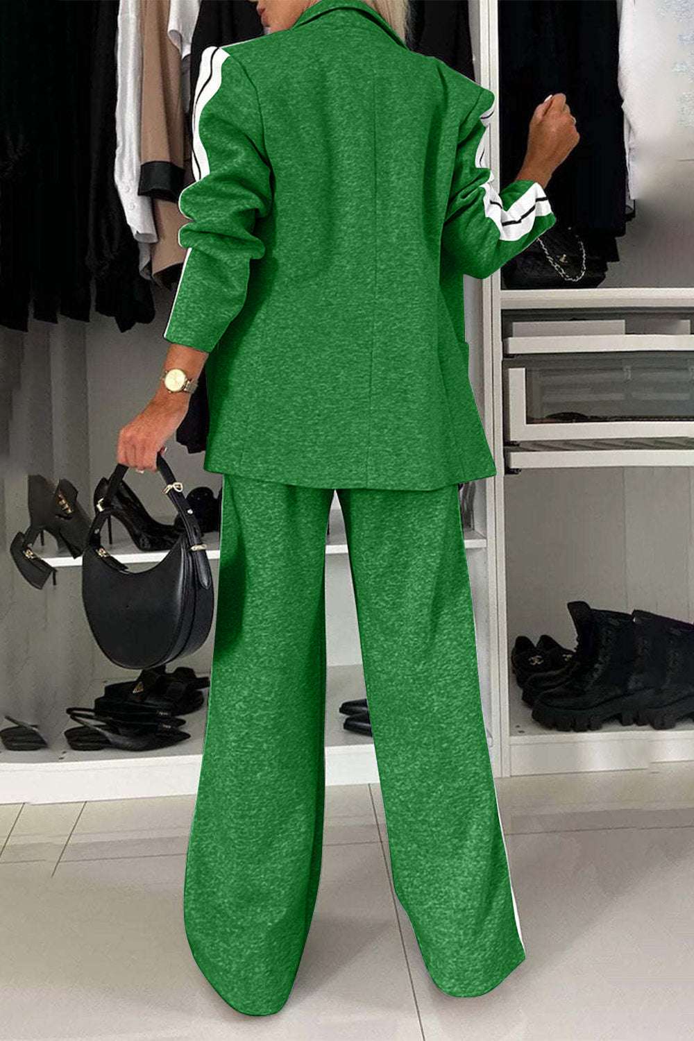 Full size contrast lapel collar top and pants set in green with pockets and button details.