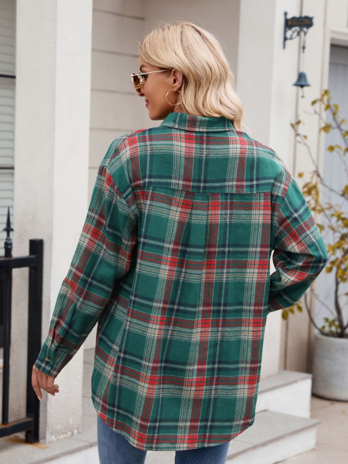 Mandy Plaid Button Up Long Sleeve Shirt, green and red plaid pattern, back view, 100% polyester.