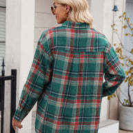 Mandy Plaid Button Up Long Sleeve Shirt, green and red plaid pattern, back view, 100% polyester.