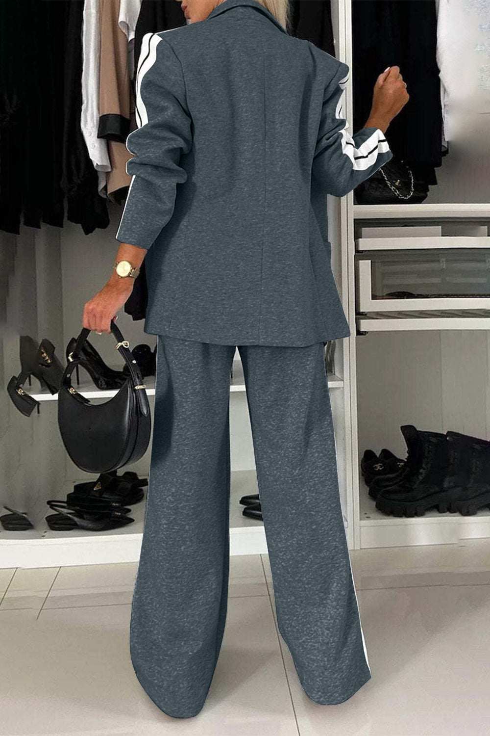 Full size contrast lapel collar top and pants set with buttoned and pocketed details in gray, crafted from 100% polyester for comfort.