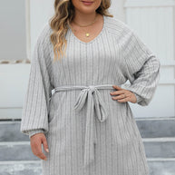 Plus Size Ribbed Tie Front Long Sleeve Sweater Dress