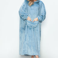 Full Size Pocketed Hooded Midi Lounge Dress in blue, featuring slightly stretchy polyester material.