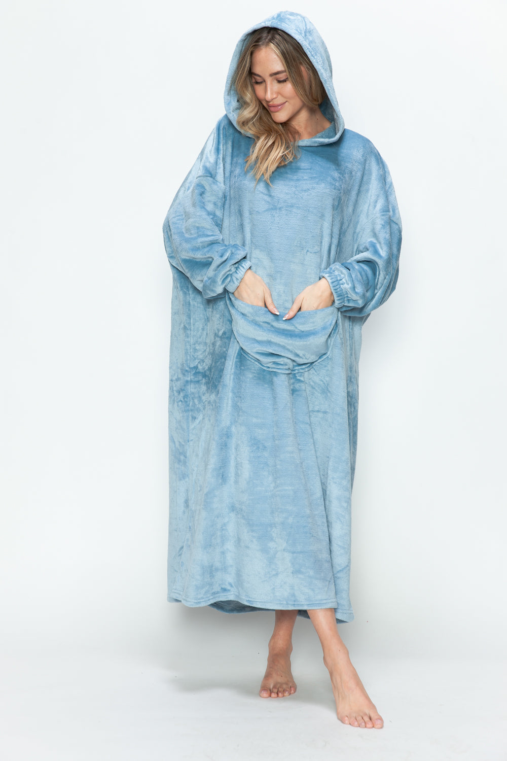 Full Size Pocketed Hooded Midi Lounge Dress in blue, featuring slightly stretchy polyester material.