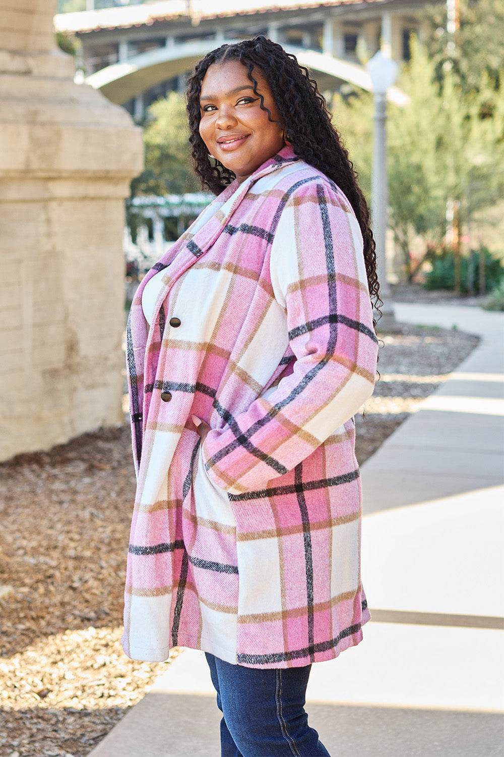 Full Size Plaid Button Up Lapel Collar Coat