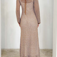 Devine Tied Round Neck Striped Sweater Dress in brown and white viscose with moderate stretch.