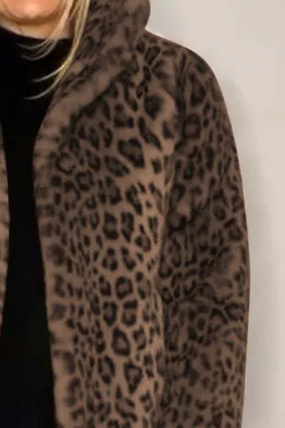 Full Size Leopard Furry Collared Neck Long Sleeve Coat in polyester fabric