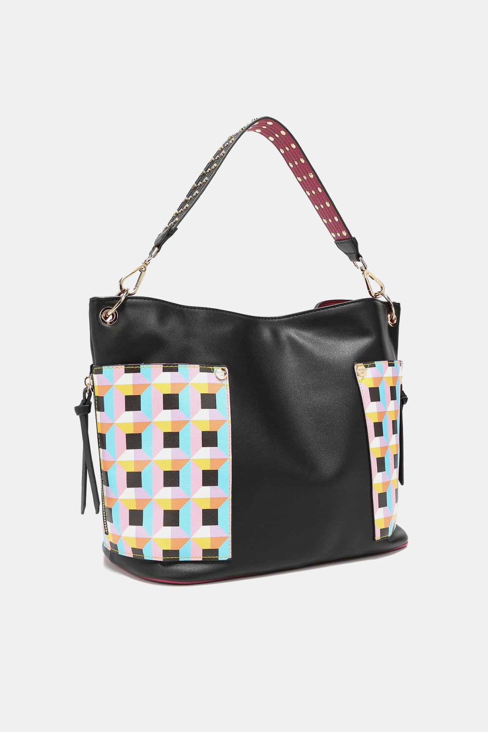 Nicole Lee USA Quihn 3-Piece Handbag Set featuring large shoulder bag with geometric pattern pockets and studded strap.