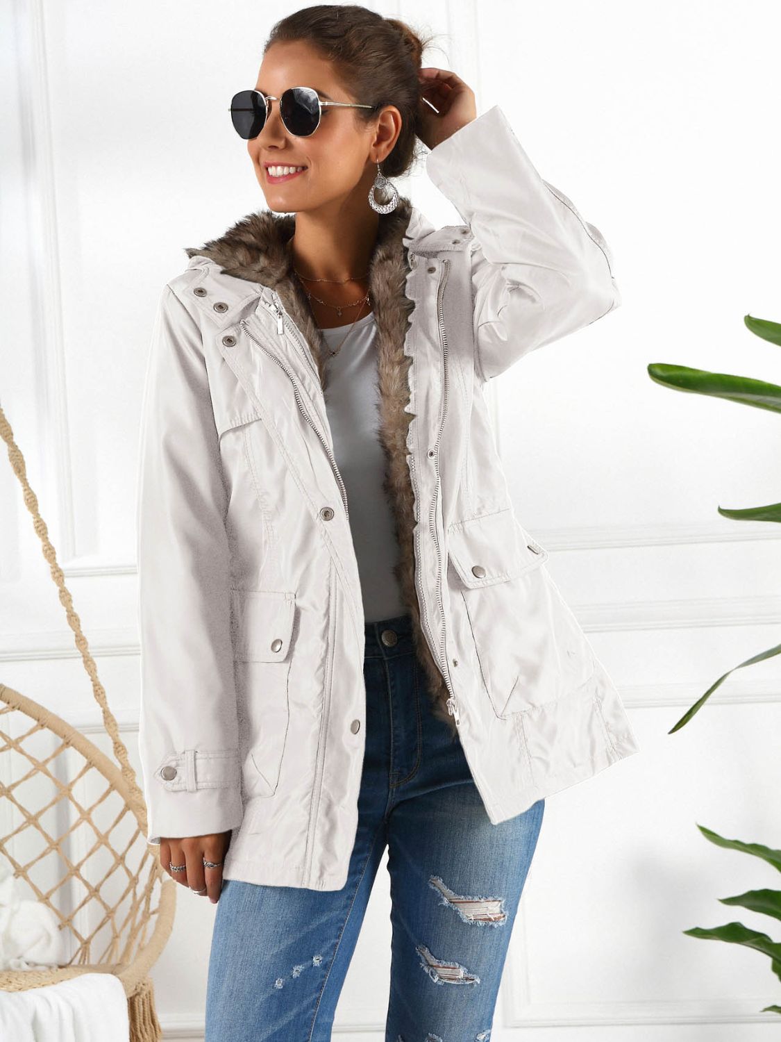 Ivy Lane full size hooded jacket with detachable liner, modeled by a person in casual setting.