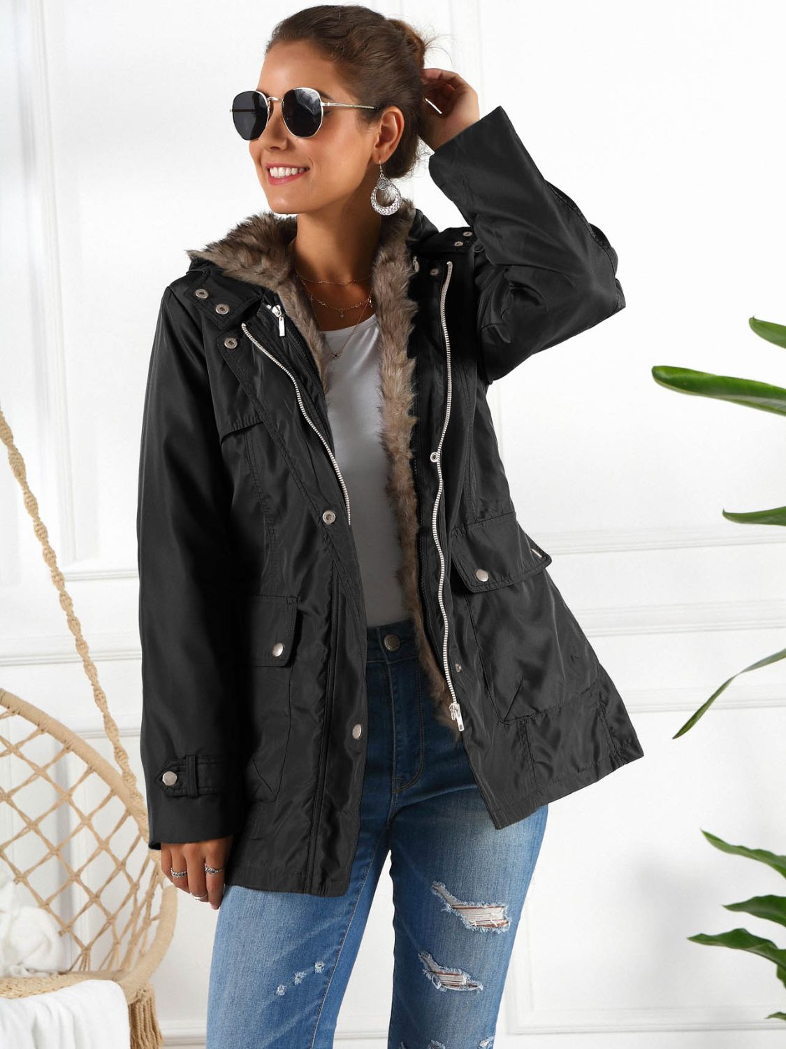 Ivy Lane Full Size Hooded Jacket with Detachable Liner in black, polyester, buttoned, pocketed.