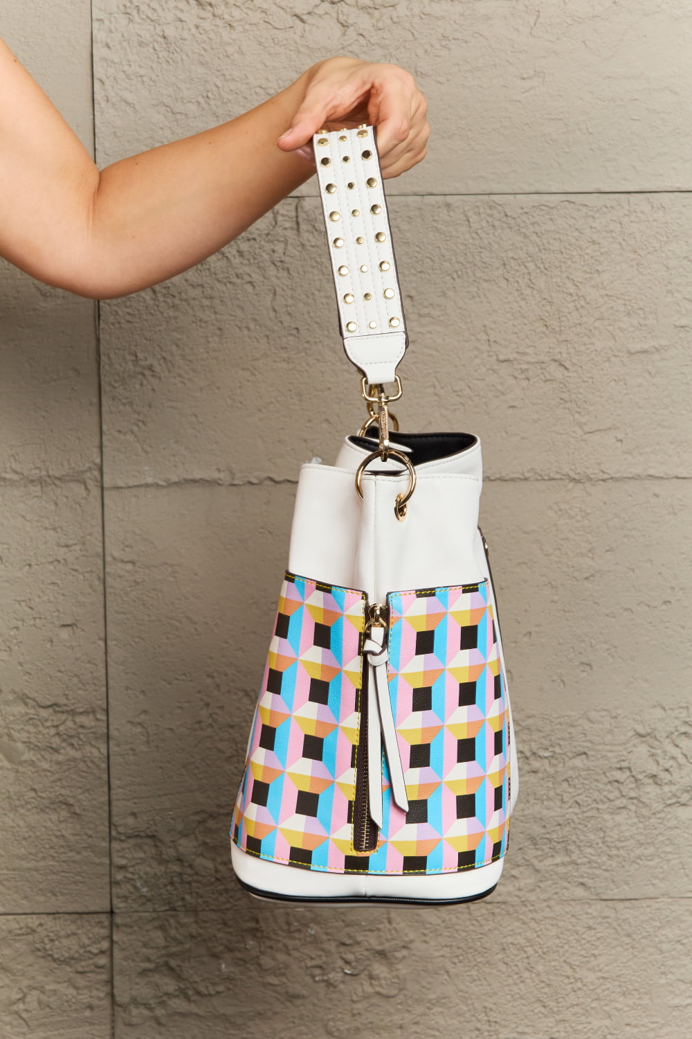 Nicole Lee USA Quihn 3-Piece Handbag Set with colorful geometric pattern and studded strap.