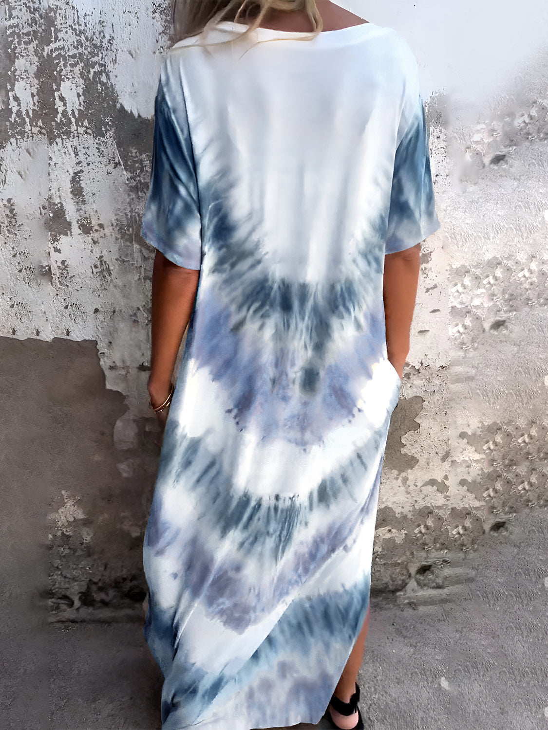 Full size pocketed tie-dye short sleeve dress in white and blue, featuring a slightly stretchy, opaque material.