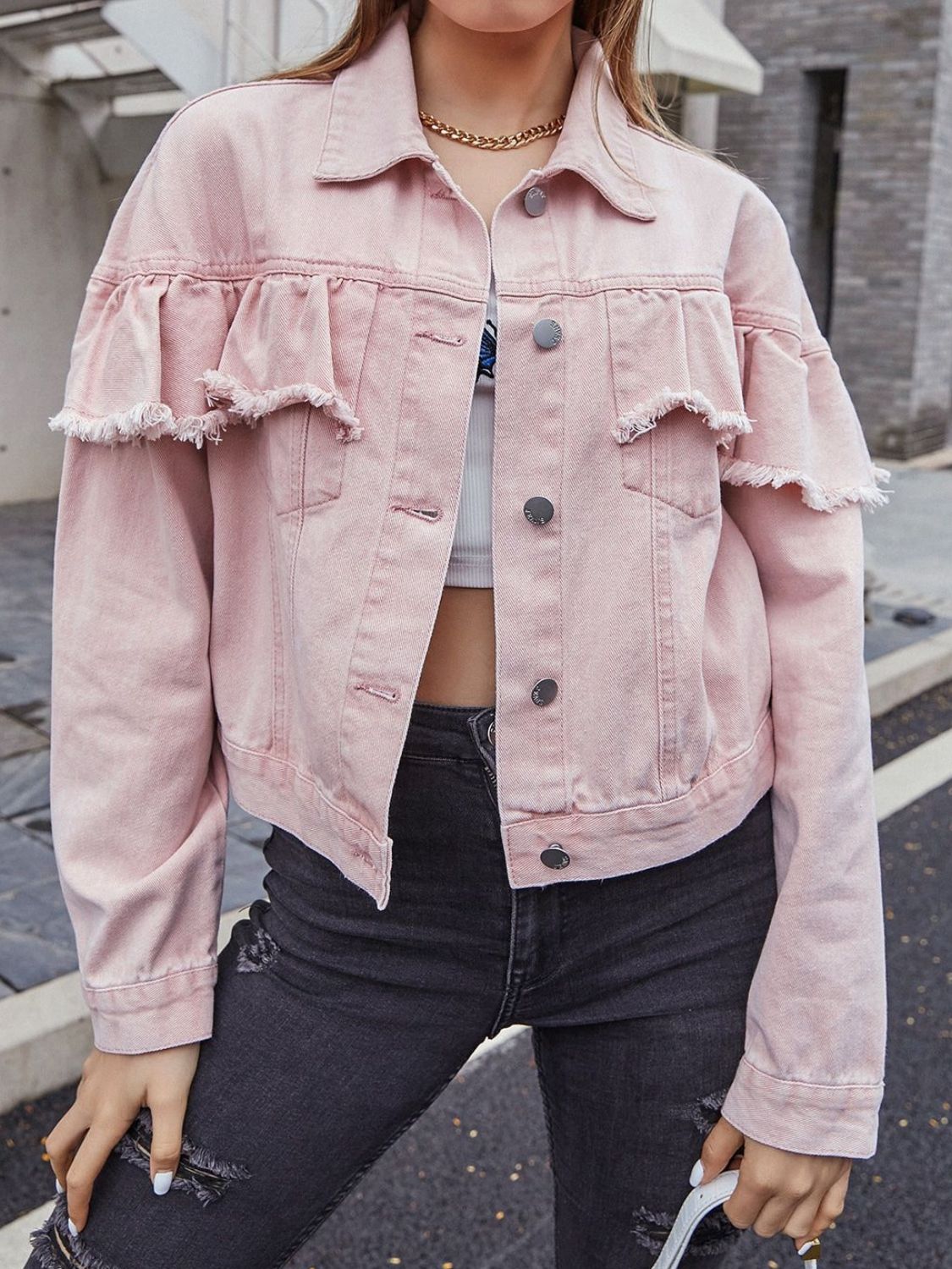 Ruffled collared neck long sleeve denim jacket with button details in pink.