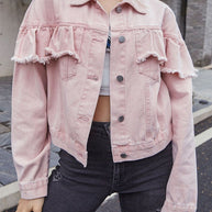 Ruffled collared neck long sleeve denim jacket with button details in pink.