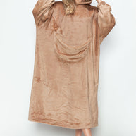 Full Size Pocketed Hooded Midi Lounge Dress in beige with slight stretch and pockets.