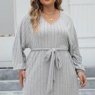 Plus Size Ribbed Tie Front Long Sleeve Sweater Dress