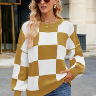 Checkered Round Neck Long Sleeve Sweater