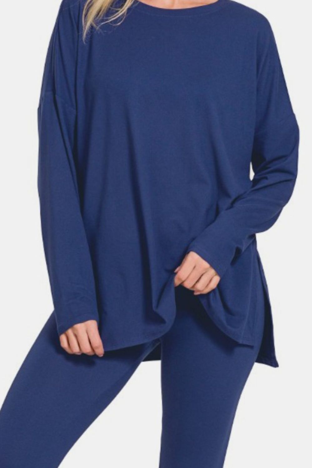 Zenana Full Size Brushed Microfiber Top and Leggings Lounge Set in navy blue.