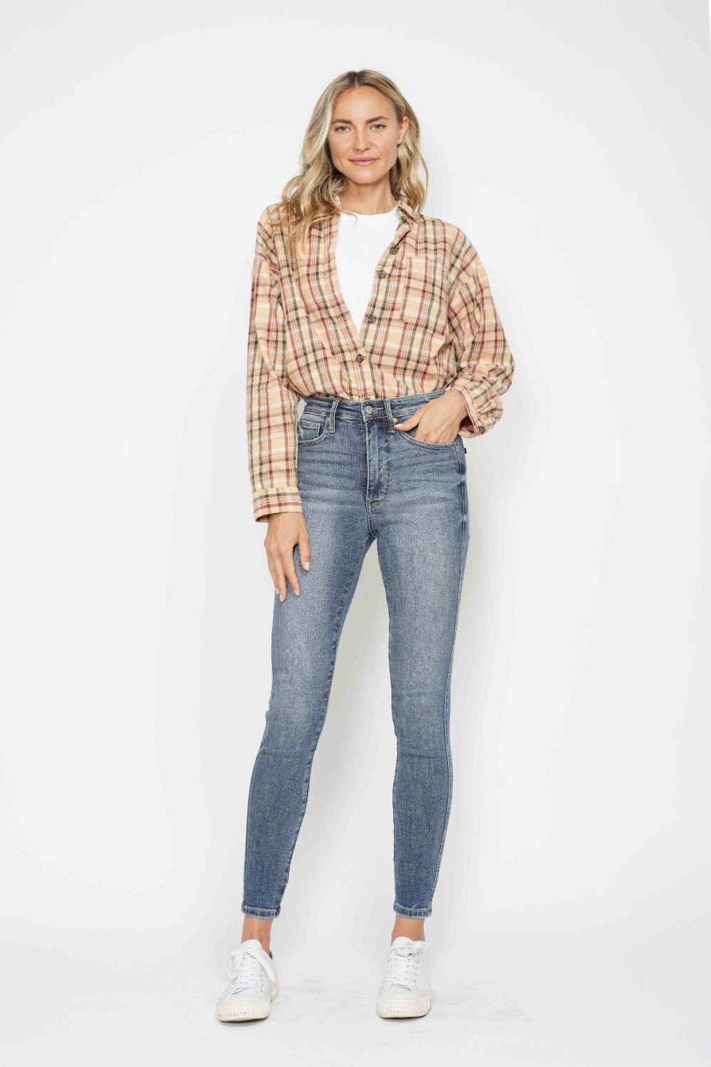 Judy Blue Full Size Tummy Control Contrast Wash Skinny Jeans with plaid shirt and white sneakers