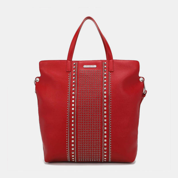 Nicole Lee USA Studded Large Tote Bag in red vegan leather with studs and dual handles.