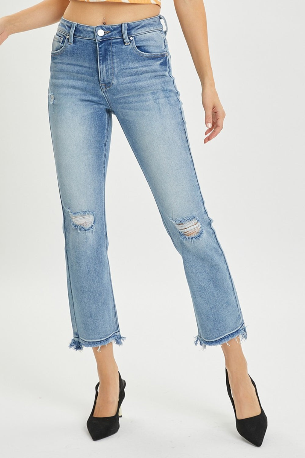 RISEN high rise distressed cropped straight jeans with raw hem and slight stretch.