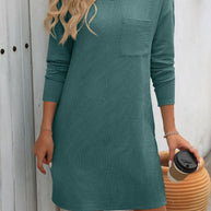 Mandy striped round neck long sleeve mini dress with pocket, opaque, and highly stretchy fabric.