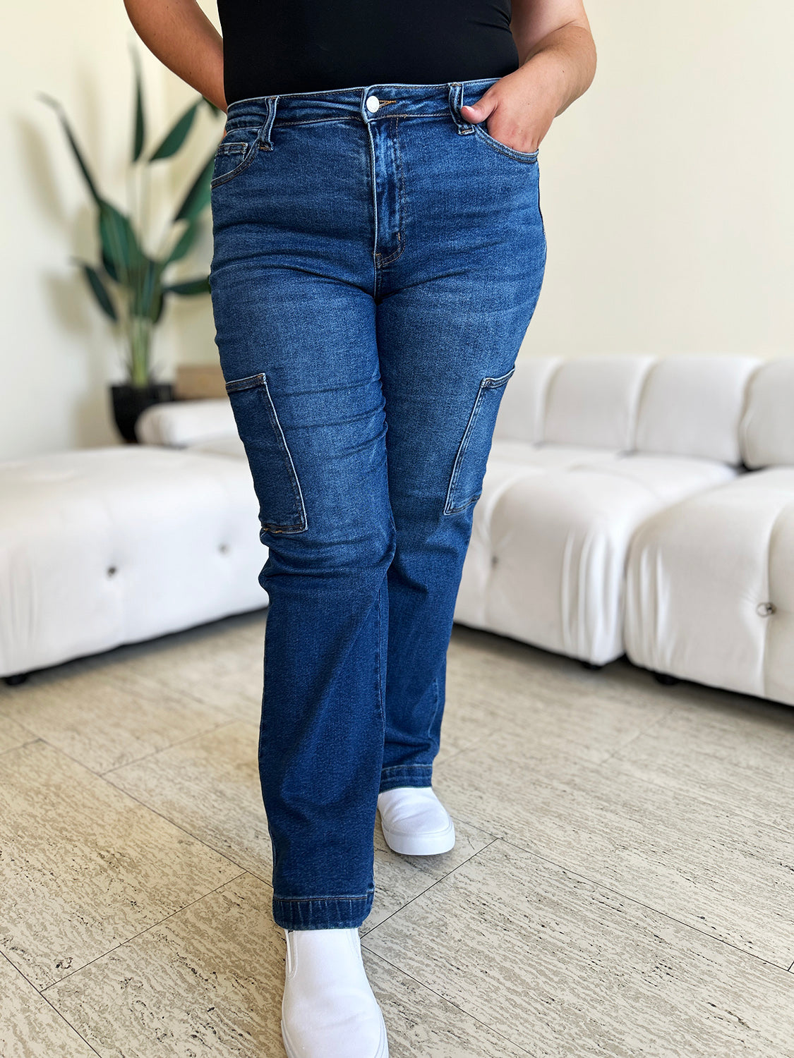 Judy Blue Full Size High Waist Cargo Jeans with side pockets, blue denim.