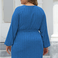 Plus Size Ribbed Tie Front Long Sleeve Sweater Dress